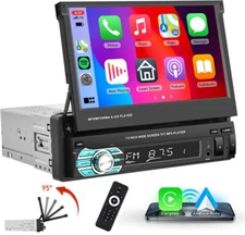 Single 1DIN 7" Flip Out Car Stereo Wireless Apple Carplay Android Auto BT Radio