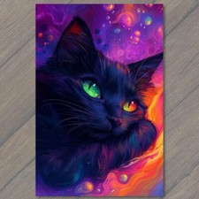 STICKER Black Cat Green Eyes Lying on Colorful Psychedelic Kitty Halloween