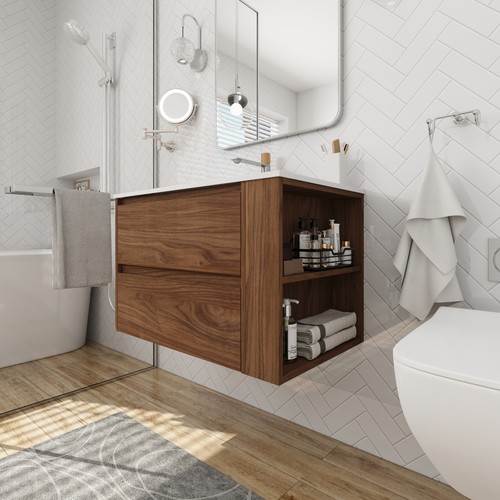 Tocador de baño flotante de madera de 30" montado en la pared + fregadero 2 cajones estante lateral marrón - Imagen 2 de 9