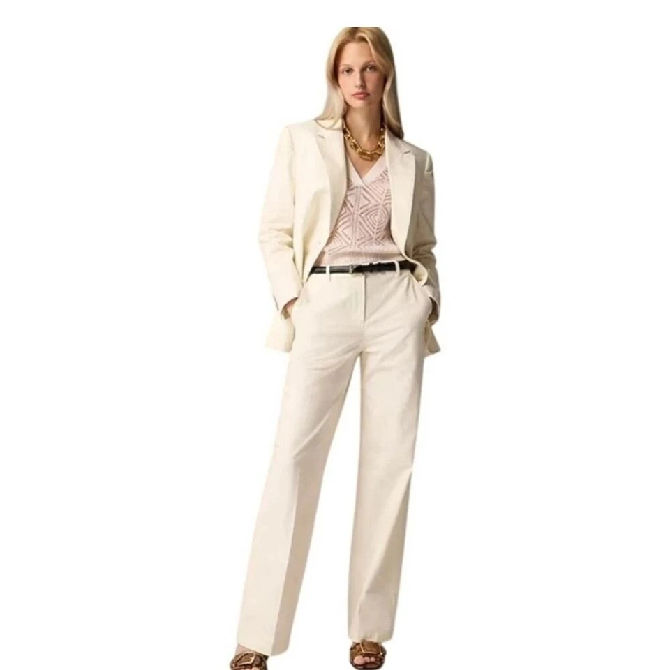 J Crew Mujer Pantalón Largo Pierna Ancha Algodón Lino Mezcla Marfil Talla 12 Nuevo sin Etiquetas