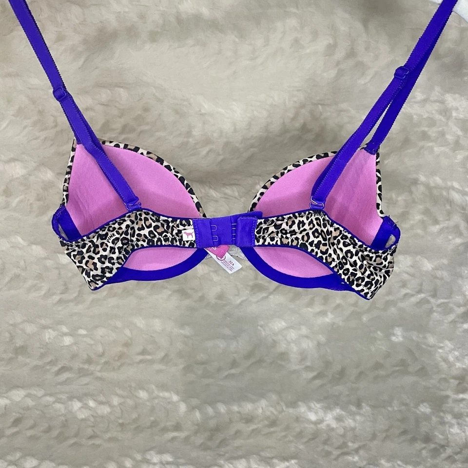 Sujetador Victoria’s Secret ROSA 32A Marrón Púrpura Estampado Leopardo Usar en Todas Partes Demi Foto 2 de 4