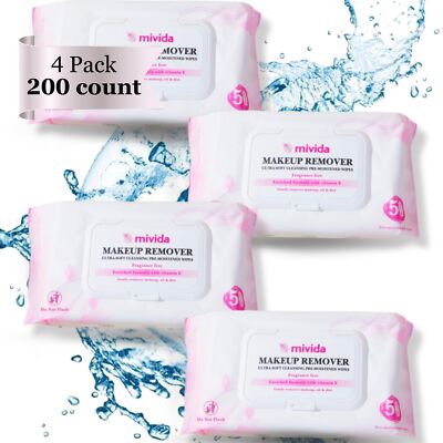 Hypoallergenic Makeup Remover Wipes with Vitamin E | 4x50 count Total 200 bul...