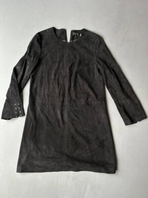 Theory Komiza Tilde Studded-Sleeve Suede Shift Dress Black Lamb 8 size $1195