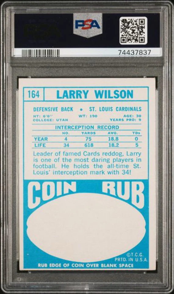 Graded 1968 Topps Larry Wilson #164 Football Card PSA 6 EX-MT - Image 2 of 2