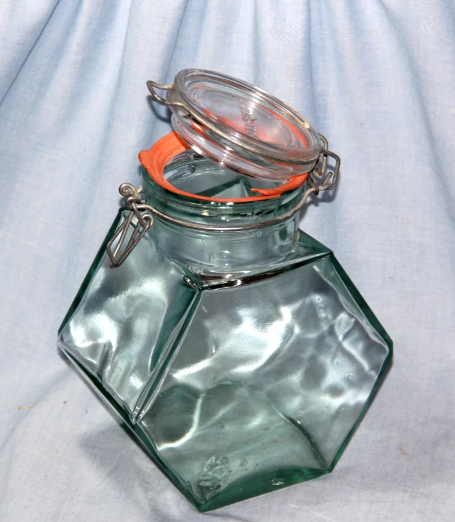 Vintage HERMETIC Hexagon 6 Sided Glass Candy Storage Jar- NICE!