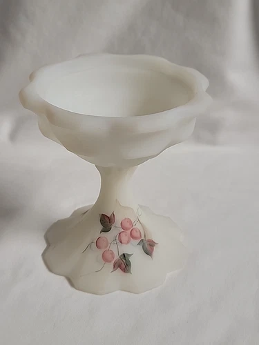 Vintage FENTON FROSTED Custard WHITE GLASS CANDLESTICK Handpainted J. Cutshaw