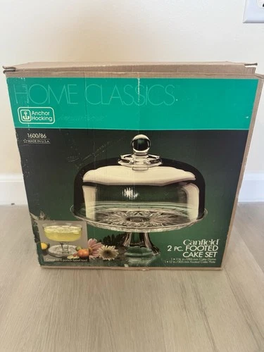 Vtg Anchor Hocking Canfield 2Pc Dome Covered Footed Cake Plate Set/ Punch Bowl