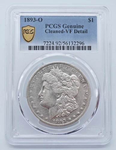 1893-O Morgan Silver Dollar PCGS Genuine Cleaned VF Detail Gold Shield  - T338