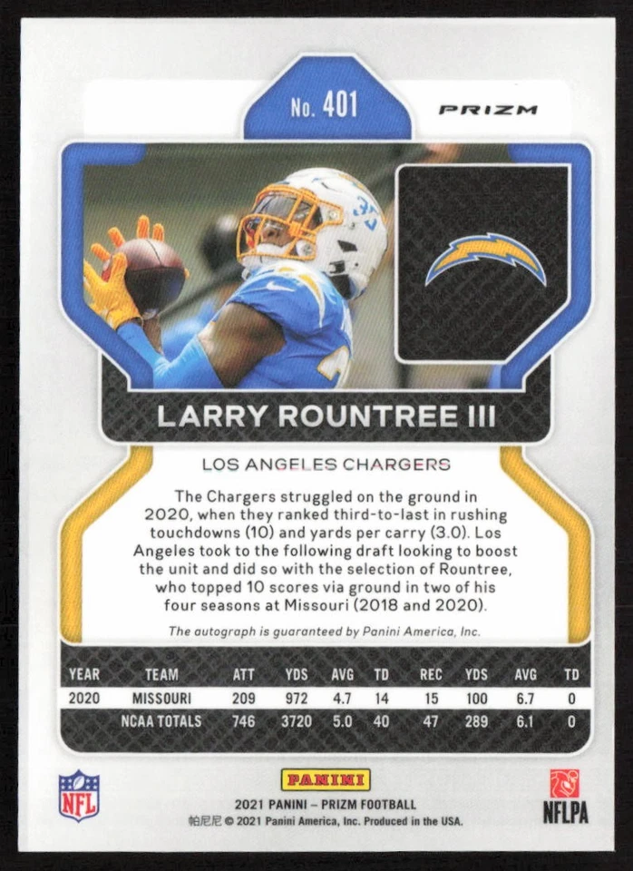 2021 Prizm Auto Prizm No Huddle Larry Rountree III #401 Rookie Chargers - Image 2 of 2