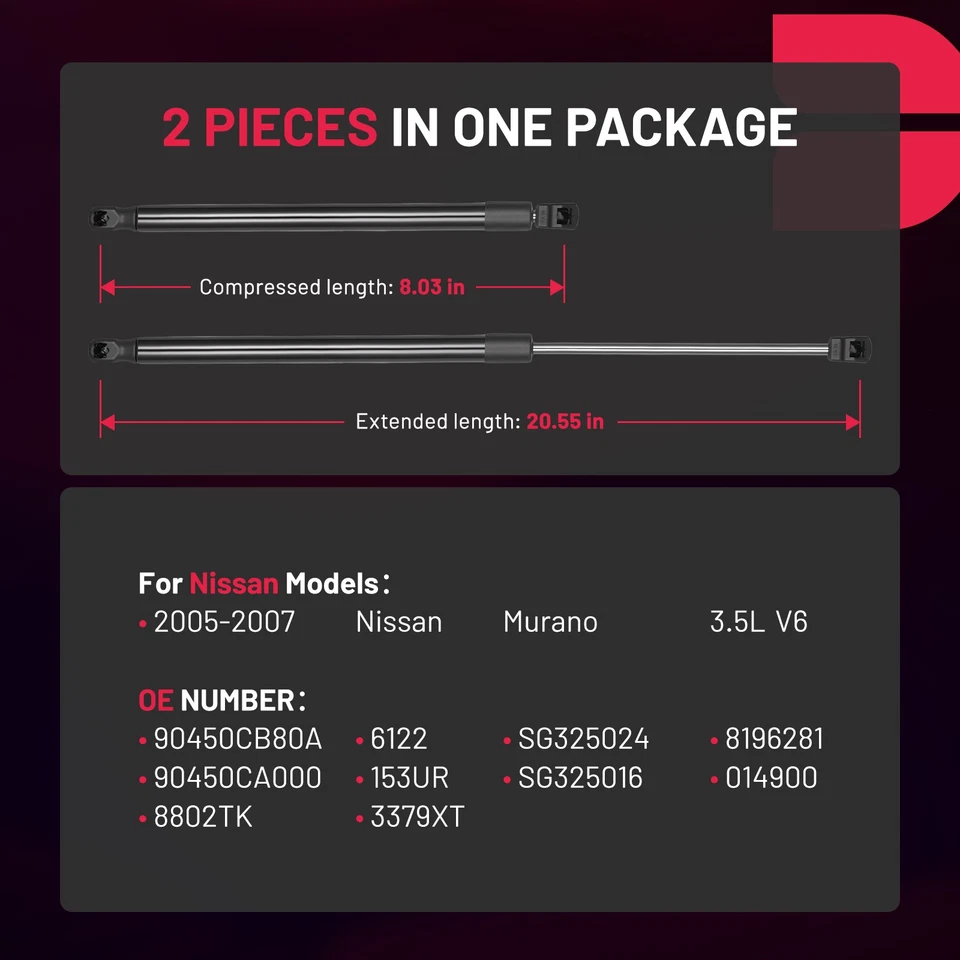 Juego de 2 puntales de gas con soporte de elevación de puerta levadiza trasera para Nissan Murano 2005-2007 Foto 2 de 4