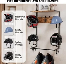 Wall Mount Motorcycle Helmet Holder with Glove Clips & Hooks for Gear Storage