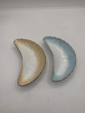 2 Vintage Feather Crescent Bone Dishes Unmarked Yellow & Blue