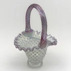 Vtg Fenton Pink White Opalescent Hobnail Ruffled Glass Basket W/Pink Handle 7"