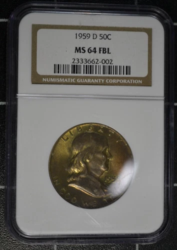 1959 D - FRANKLIN HALF - NGC MS-64 FBL - FULL BELL LINES - NICE TONING  OLD SLAB