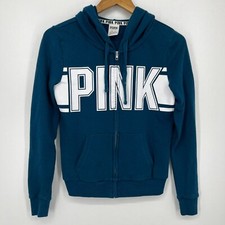 PINK Victoria's Secret Full Zip Hoodie Women's Size XS Blue Logo Cotton Blend