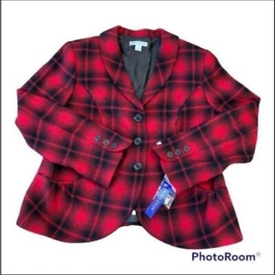 New NWT Pendleton Vintage Y2K Red Black Plaid 100% Virgin Wool Blazer Jacket 16P