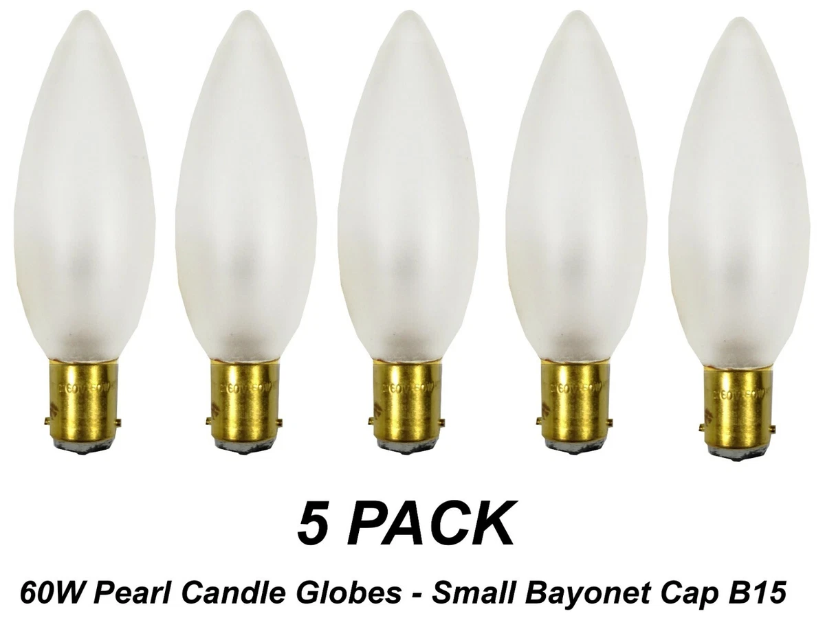 5 x 60W B15 Pearl Candle Shaped Light Globes Bulbs Lamps Small Bayonet Cap B15
