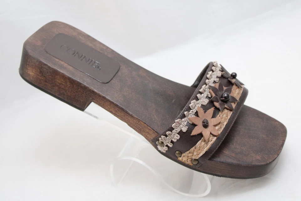 Sandalias zueco de madera Connie para mujer 7M cuero marrón flor cuentas sin cordones Foto 3 de 4