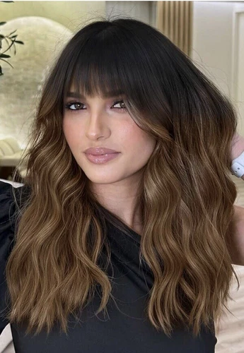 Ombre Brown Loose Wavy Wig with Bangs 13x4 Lace Front Human Hair Wig for Women - Picture 1 of 4
