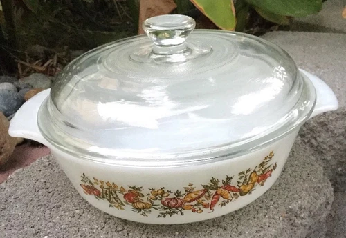 Vintage Anchor Hocking 1 Quart Casserole Dish Harvest Vegetable Pattern W/ Lid