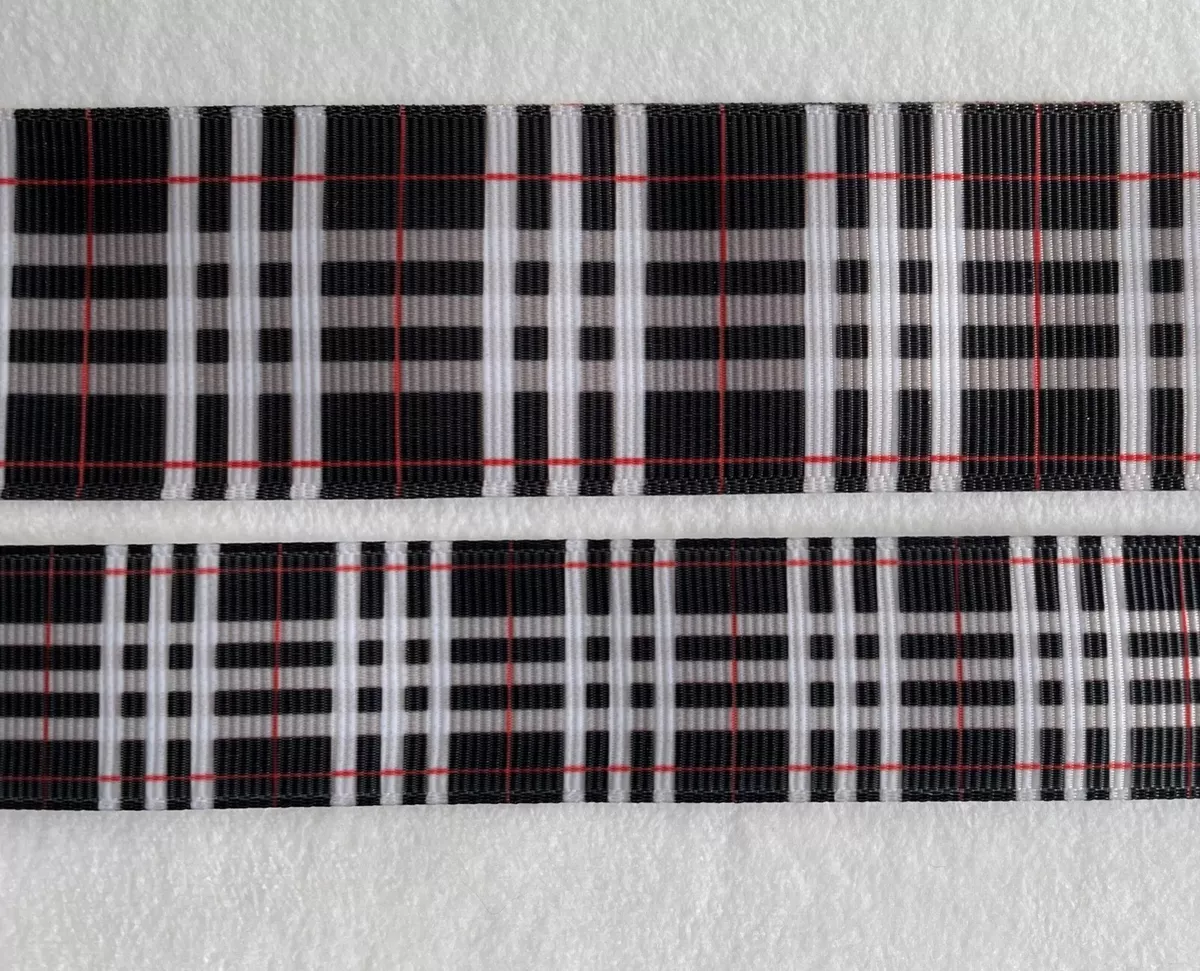 Preppy black white red lines plaid Grosgrain ribbon BTY 7 8