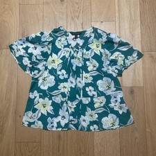 Banana Republic XS Floral Peplum Blouse Teal Green Flutter Sleeve Lace Up Top