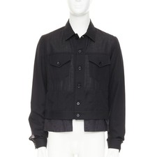 YOHJI YAMAMOTO Pour Homme black wool linen layered cropped trucker jacket JP4 XL