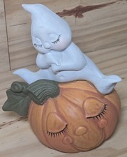 Vintage Halloween Ghost Sitting On Pumpkin Fi...