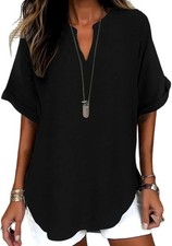 Women Cotton Linen Top V Neck Half Sleeve Loose Summer Blouse Tee Shirt