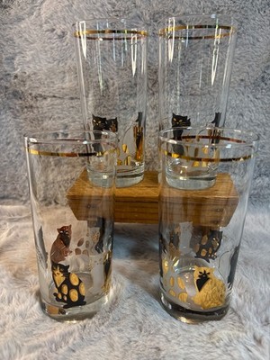 Vintage Culver 22k Gold Kitty Cat Highball Cocktail Whiskey Glasses Set of 4