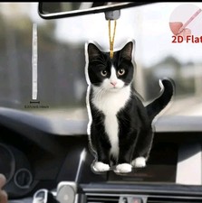 2D Flat Charming Black White Cat Acrylic Car Rearview Mirror Pendant Decor"