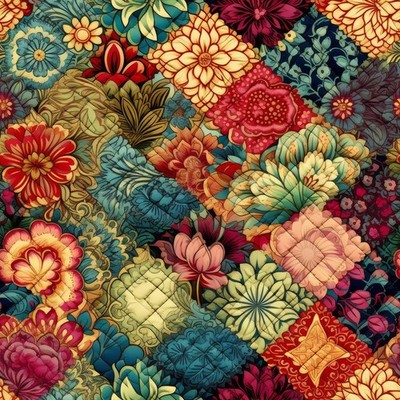 100% Cotton Fabric BTY (BY THE YARD) Vintge Floral Jeweltones  Patch NOT QUILTED