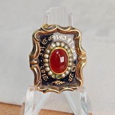 Antique Civil War Era 1865 Mourning Pin Pendant Carnelian Seed Pearl Red Enamel