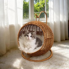 Wicker Cat Bed Indoor  Outdoor, Handwoven PP Rattan Cat Swing Bed with