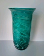 Large Teal & White Swirl Art Glass Vase Cylinder Flared Handblown 34.75cm Tall