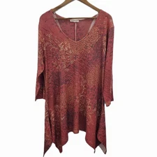 Indigo Soul Womens L Burgundy Paisley Boho Asymmetrical Handkerchief Hem Tunic