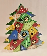 Home Interiors Metal Christmas Tree Candle Holder With Bells - 9.5" tall NOS