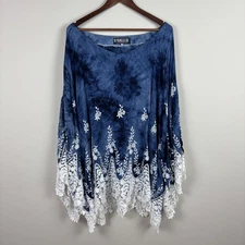 The Pyramid Collection Tunic Top 3X Blue Boho Fairy Tie Dye Embroidered Lace