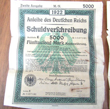 German Bond 1922 Anleihe des Deutfchen Reichs Schuldverfchreibung 5000