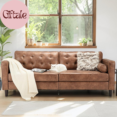 84 Inch Mid Century Modern Faux Leather Sofa 3 Seater Couch with Pillows