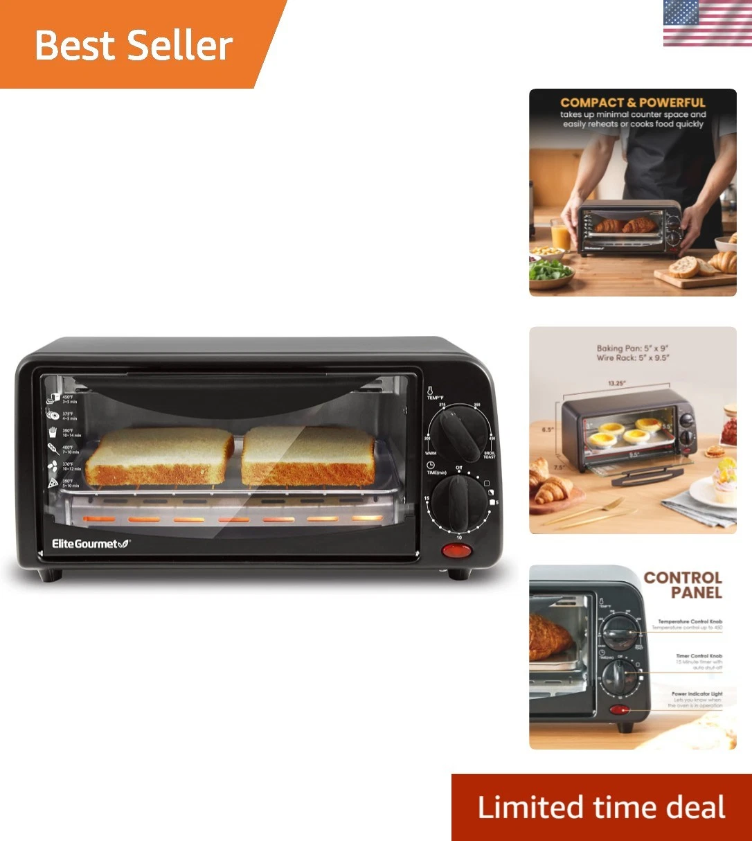 Elegant 2 Slice Black Toaster Oven with Adjustable Timer & Temp Range 200-450°F