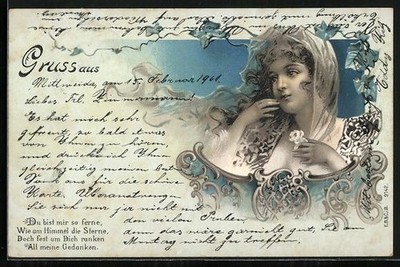 Lithographie Du bist mir so ferne wie am Himmel die Sterne, Mädchen m. Rose, Ju 