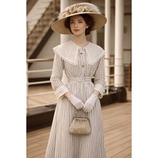 Antique Edwardian Titanic Era Cotton Dress, stripes Swiss Dot with Buttons