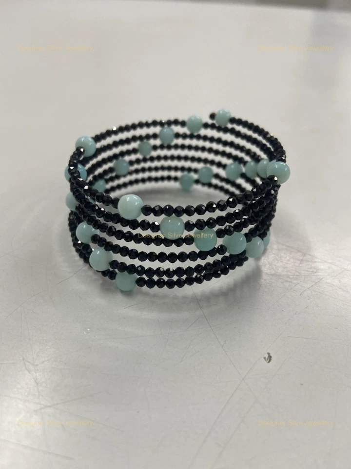 Nuevo brazalete redondo natural negro espinela 925 tejido con cuentas de plata esterlina joyería Foto 3 de 4