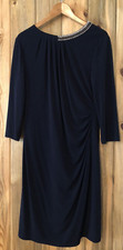 TAHARI Formal Dress Navy Blue Beaded Half Neck Long Sleeves Size 14 Zipper
