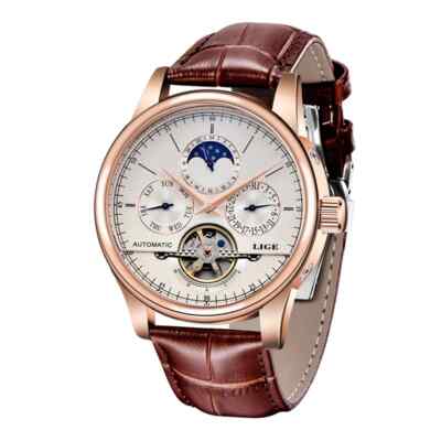 LIGE 6828 Men's Automatic Mechanical Tourbillon Watch Genuine Leather Waterproof