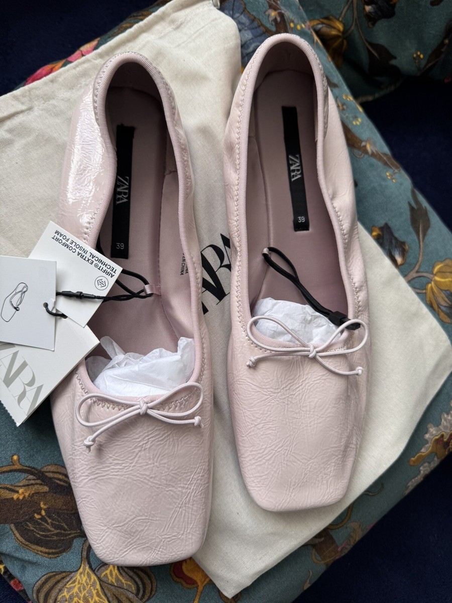 ZARA Pale Pink Faux Patent Leather Bow Ballet Flats Shoes Size UK
