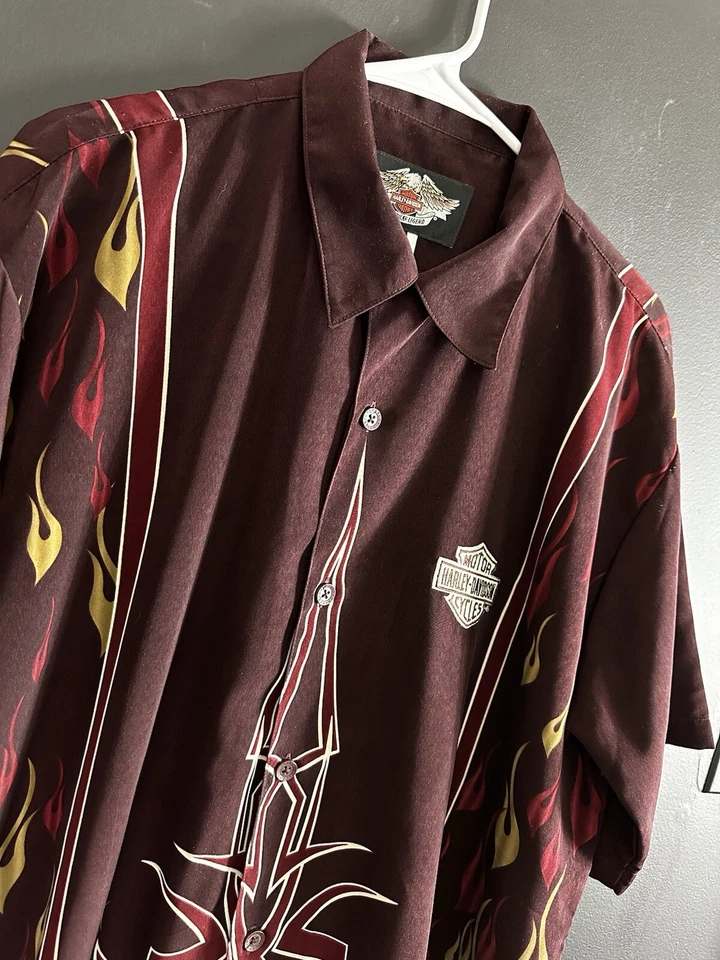 Camisa de Colección Harley Davidson Botón Tribal Para Hombre Grande L Roja Llama Hawaiana Foto 3 de 4