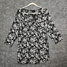 Lucky Brand Top Womens 1X Black White Floral Cotton Knit Tunic Pleated Boho