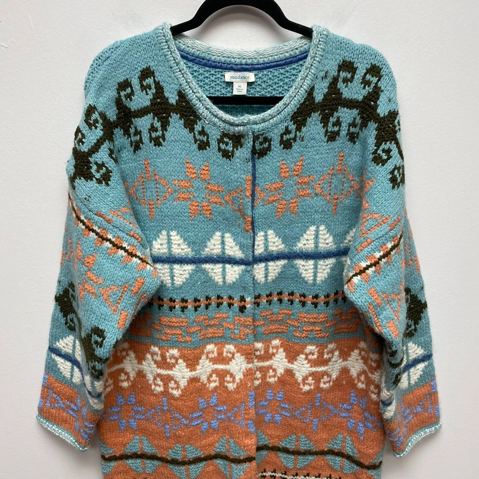 Abrigo cárdigan grueso Sundance Multi Faya Fair Isle mezcla de lana botón a presión XL Foto 3 de 4